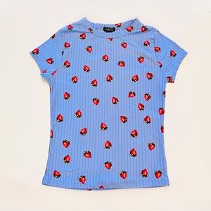Rue21 Baby Blue Red Strawberry Ribbed Short Sleeve Blouse Top T-Shirt